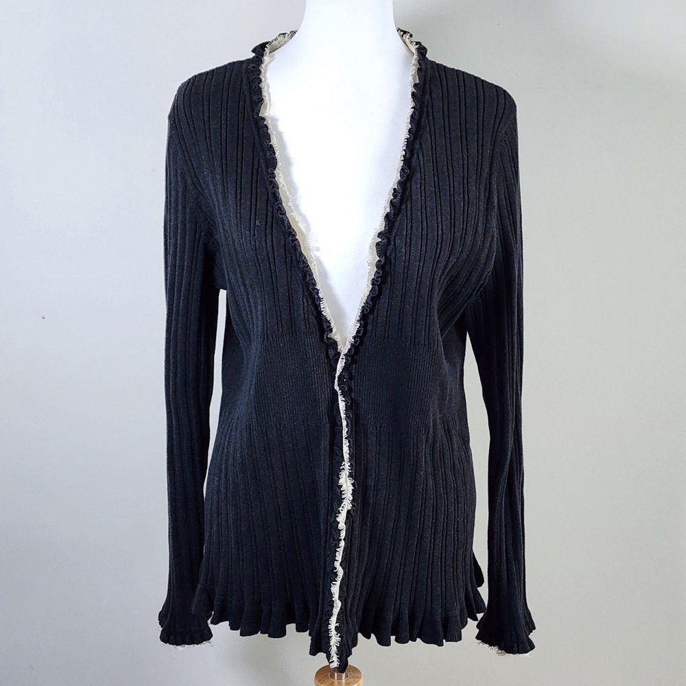 Planet Cardigan Lace Trim Womens Large Black Ruffle Whimsigoth Witchy Knit Goth